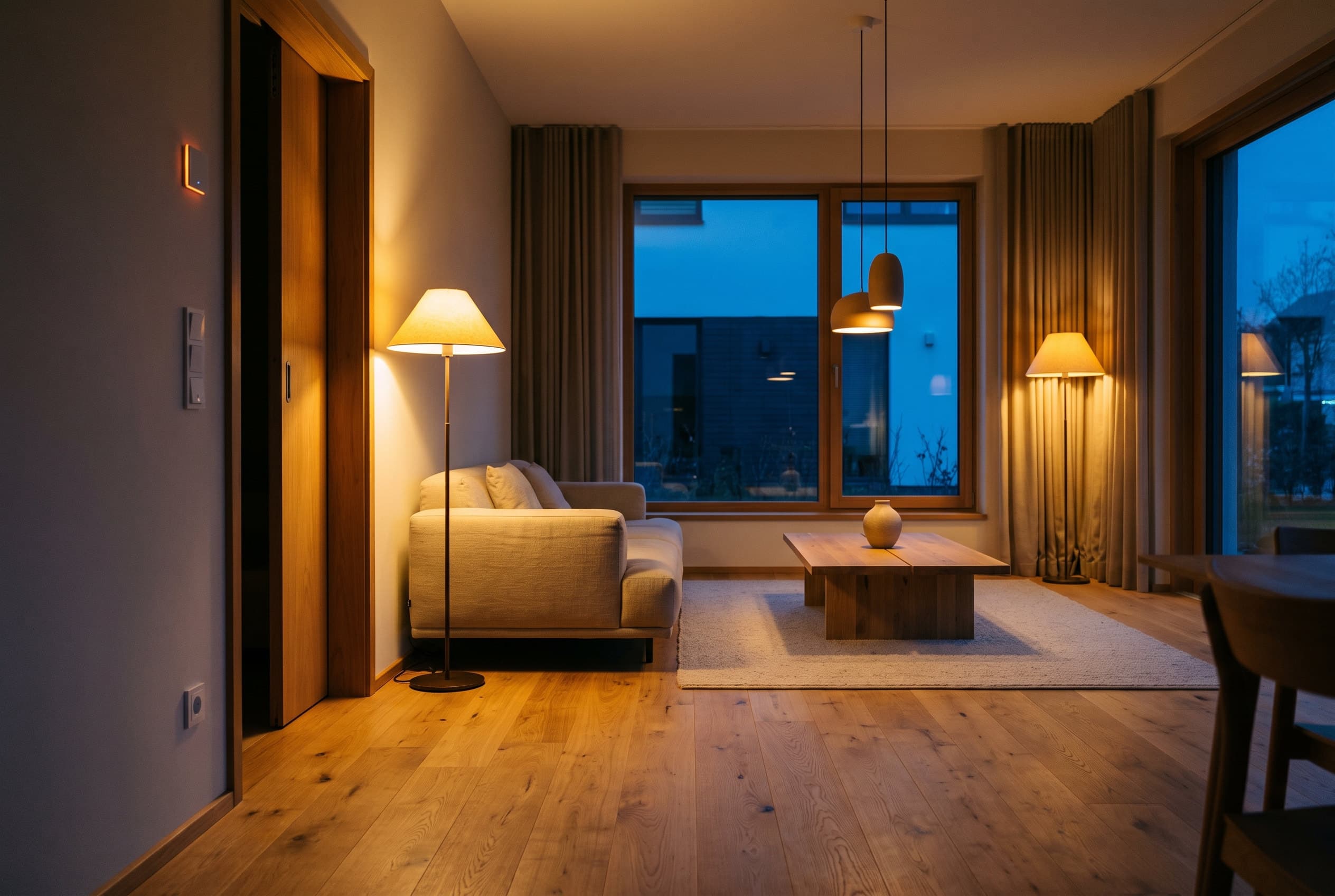 Wohnzimmer in der Dämmerung mit warmem Licht und einem Bedienfeld an der Wand