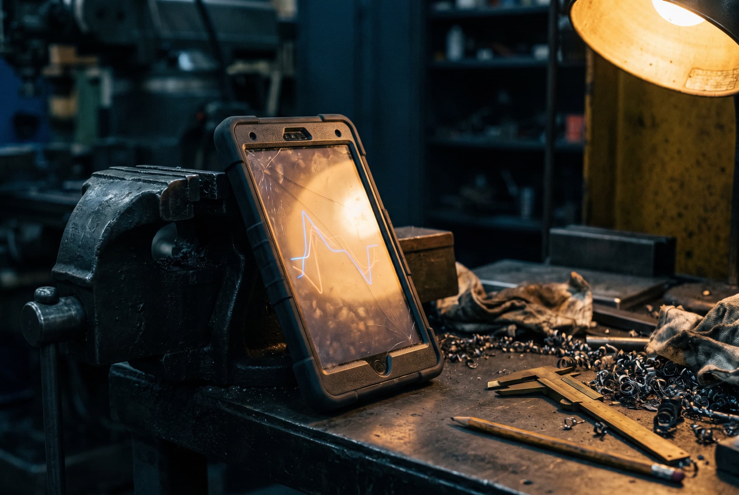 Robustes Tablet auf einer Werkbank, darauf eine einfache Auswertung
