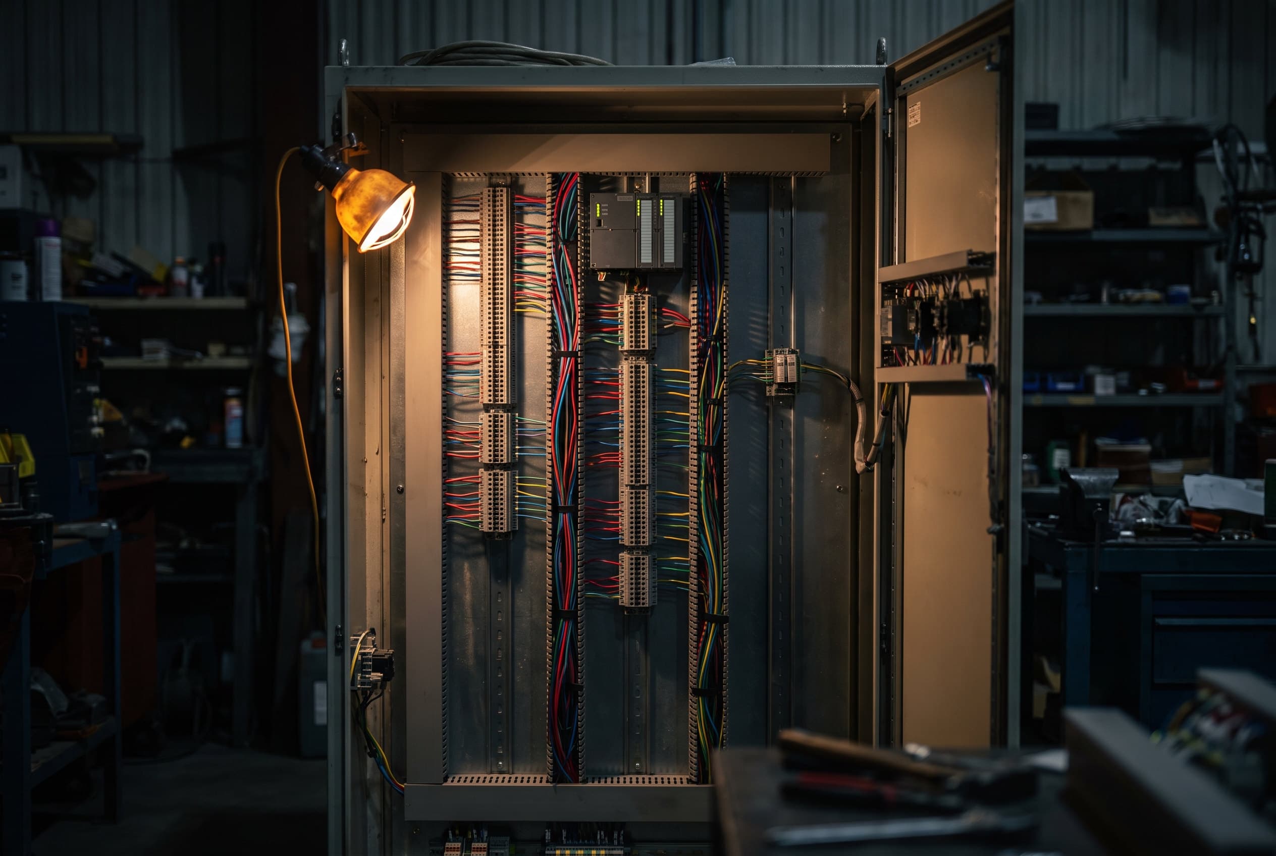 Geöffneter Schaltschrank mit Reihenklemmen und Verdrahtung, angeleuchtet von einer Arbeitslampe